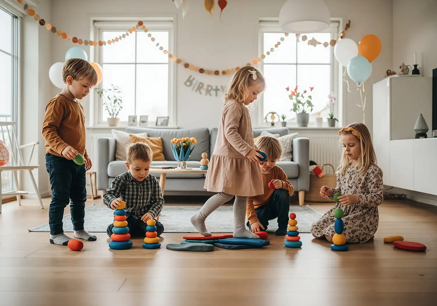 Kindergeburtstag im Wohnzimmer Kinder spielen mit bunten Stapelsteinen als Spielzeug für Kindergeburtstag zum Mieten