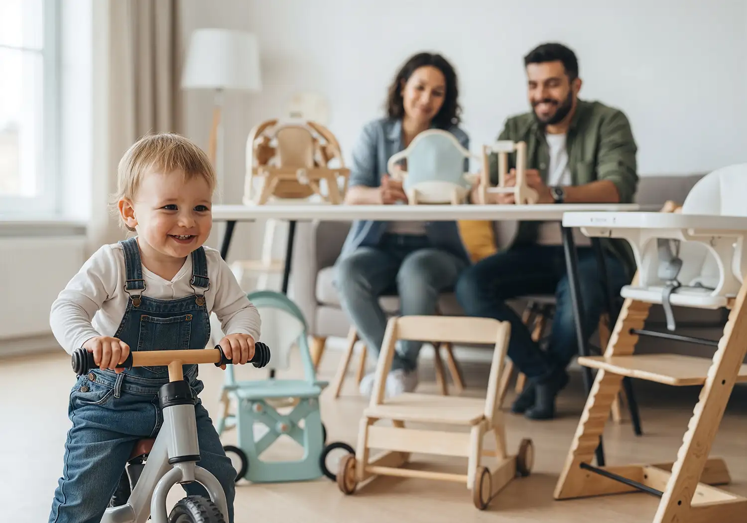 Lachender Junge fährt Laufrad, während Eltern Kinderspielzeug auswählen – gemietete Spielsachen im Familienalltag