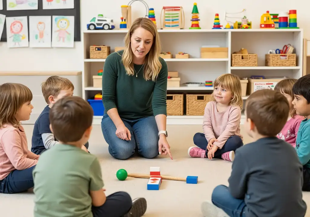 Erzieherin erklärt einer Kita Gruppe ein Bewegungsspiel mit Spielzeug im Gruppenraum