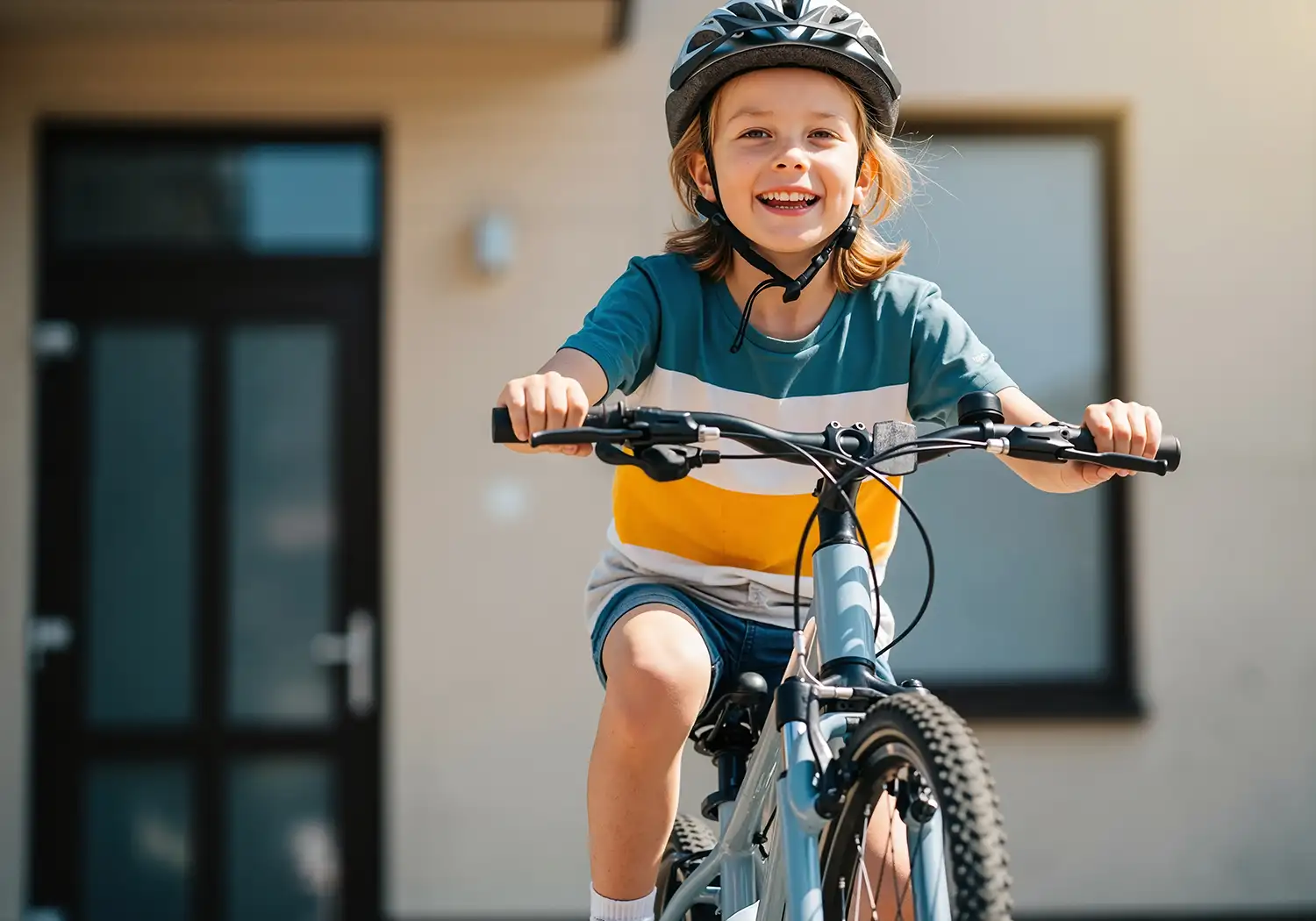 Kind fährt lachend Fahrrad – Entscheidung Mieten oder kaufen spielerisch erklärt