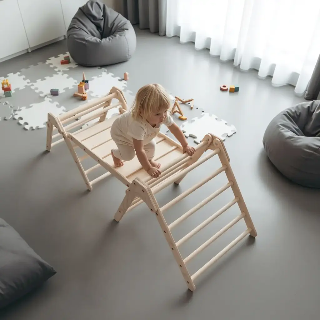 Kleinkind klettert auf indoor Holz-Klettergerüst – Motorikspielzeug zum Mieten