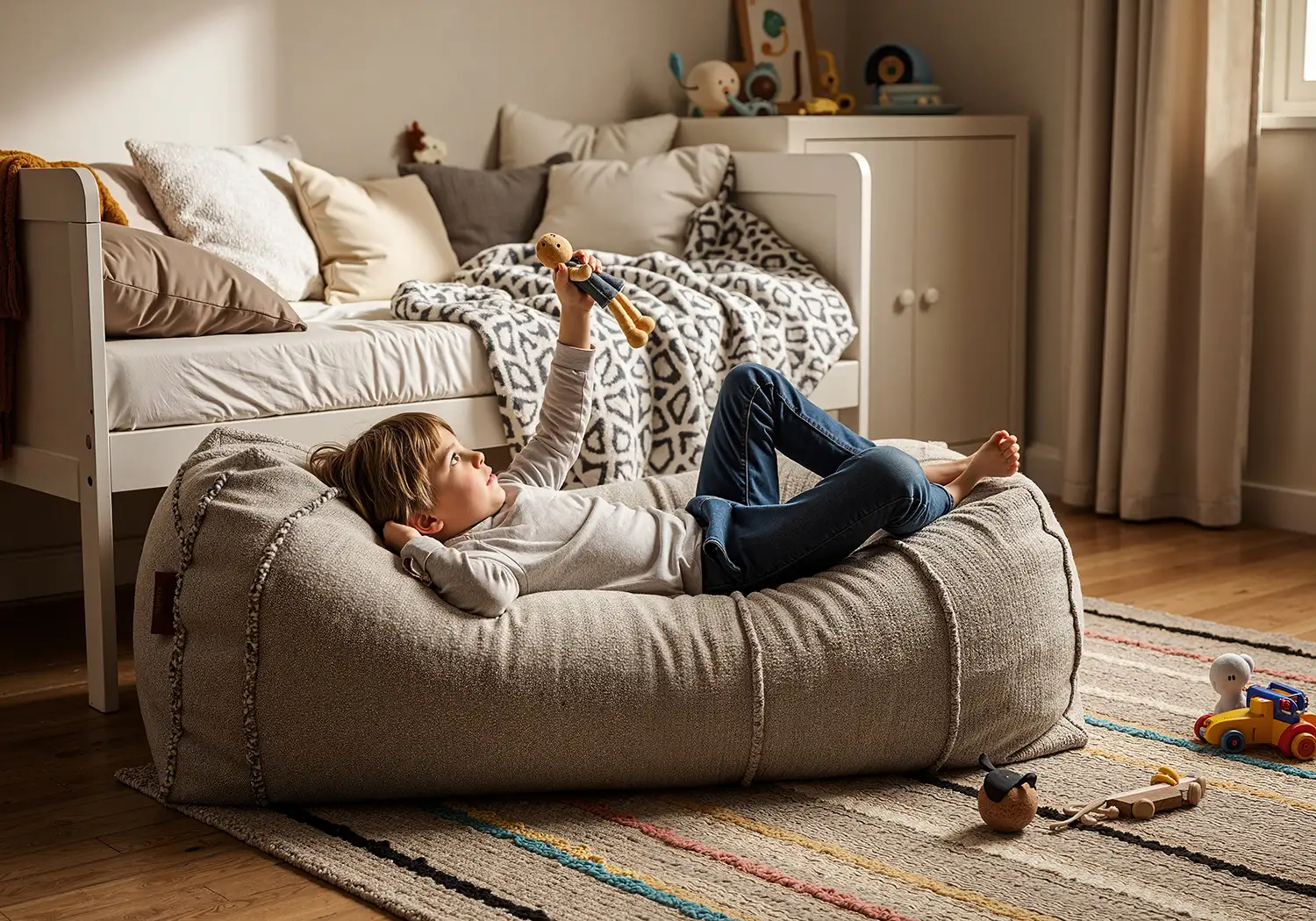 Kind liegt entspannt auf einem Sitzsack, hebt sein Kuscheltier in die Luft in ruhiger Atmosph&auml;re