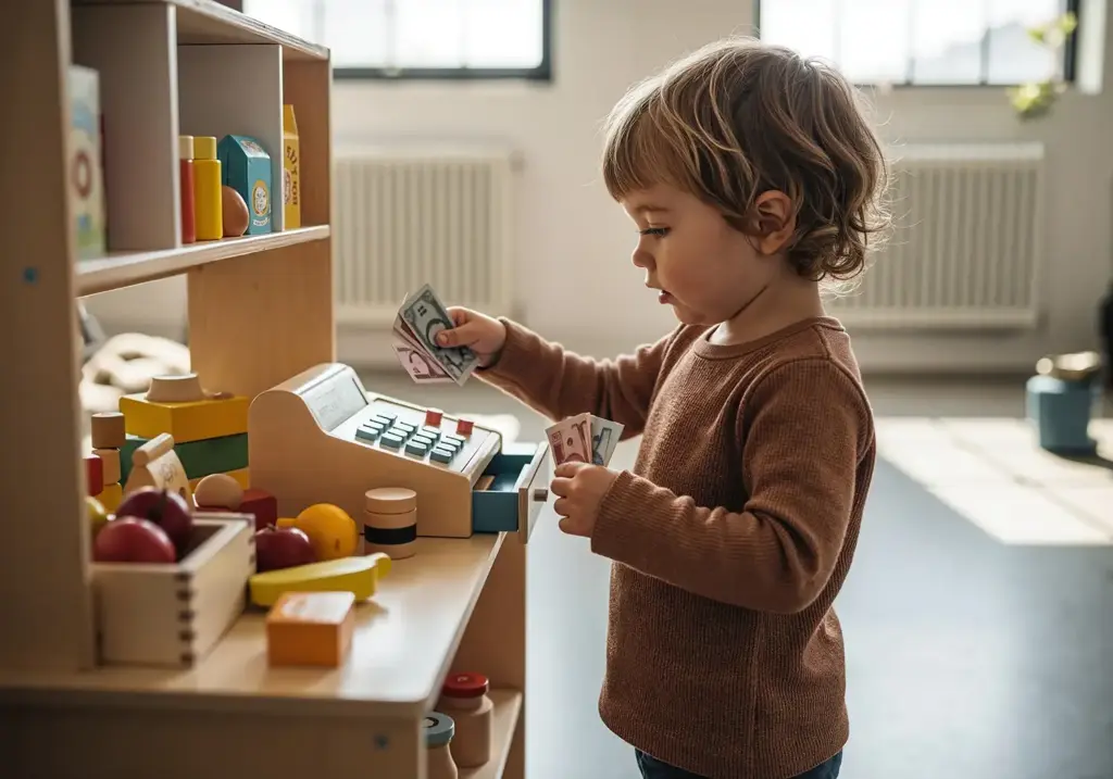 Kind spielt am Kaufladen mit Geld – Mieten oder kaufen von Kinderspielzeug