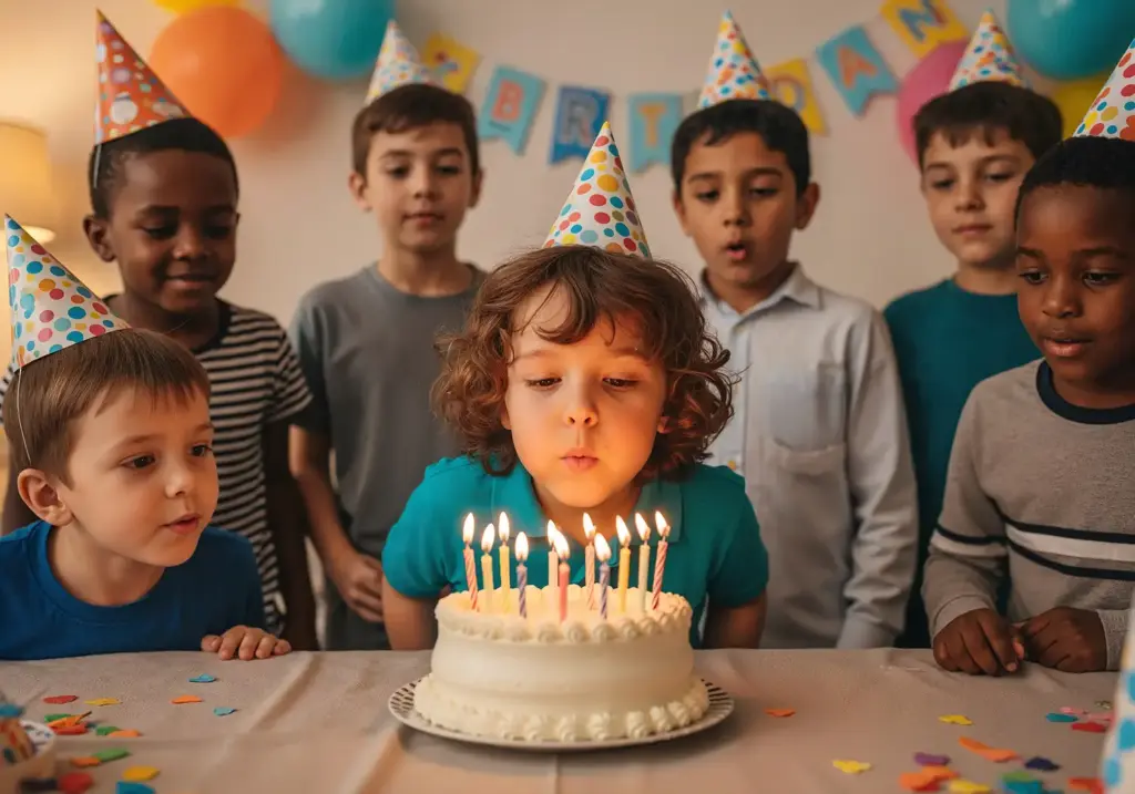 Kind pustet die Kerzen auf einem Geburtstagskuchen aus während andere Kinder mit Partyhüten zuschauen