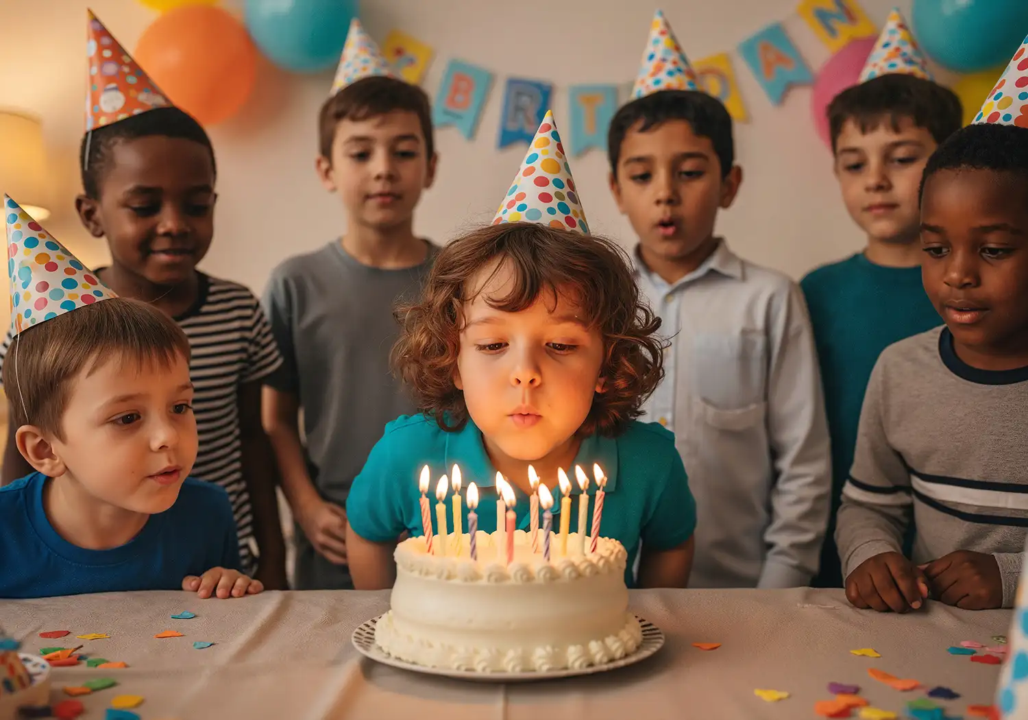 Kind pustet die Kerzen auf einem Geburtstagskuchen aus während andere Kinder mit Partyhüten zuschauen