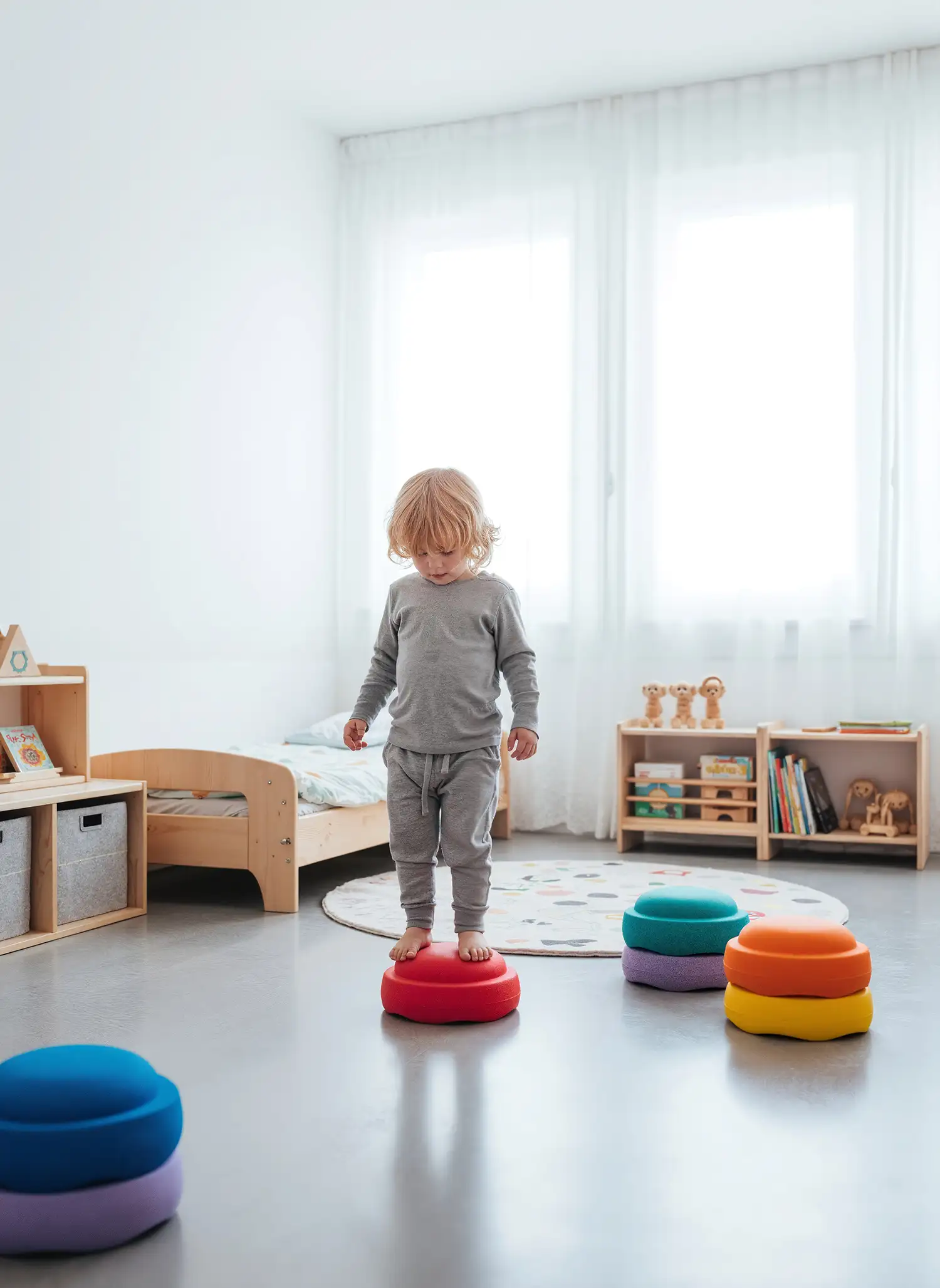 Kind spielt mit bunten Stapelsteinen – Kinderspielzeug mieten statt kaufen bei LittleLoopa