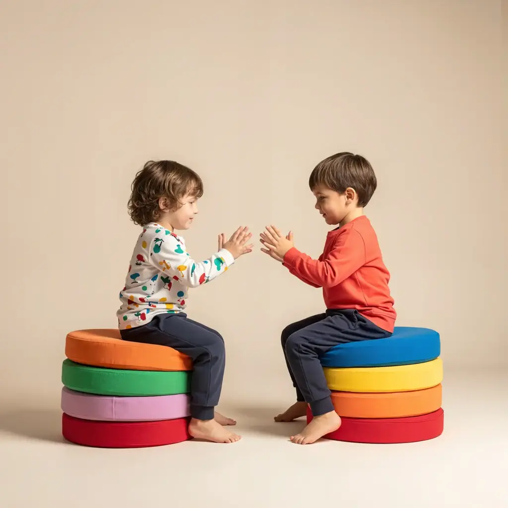 Zwei Kinder sitzen auf bunten Stapelsteinen und klatschen – kreatives Spielzeug zum Leihen