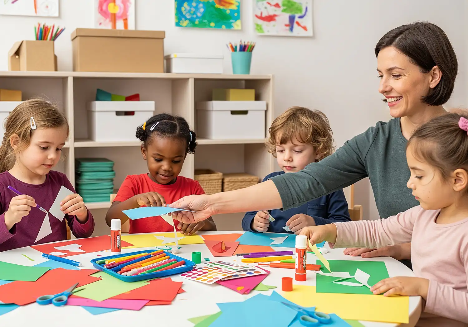 Mehrere Kinder in der Kita sitzen an einem Tisch und basteln gemeinsam mit bunten Materialien