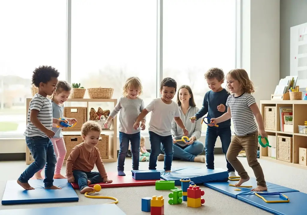 Mehrere Kita Kinder spielen im Gruppenraum mit Bewegungsspielzeug und lachen gemeinsam
