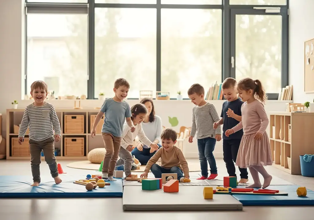 Spielzeug für Kita und Kindergarten mieten – mehrere Kinder spielen im Gruppenraum mit Bewegungsspielzeug