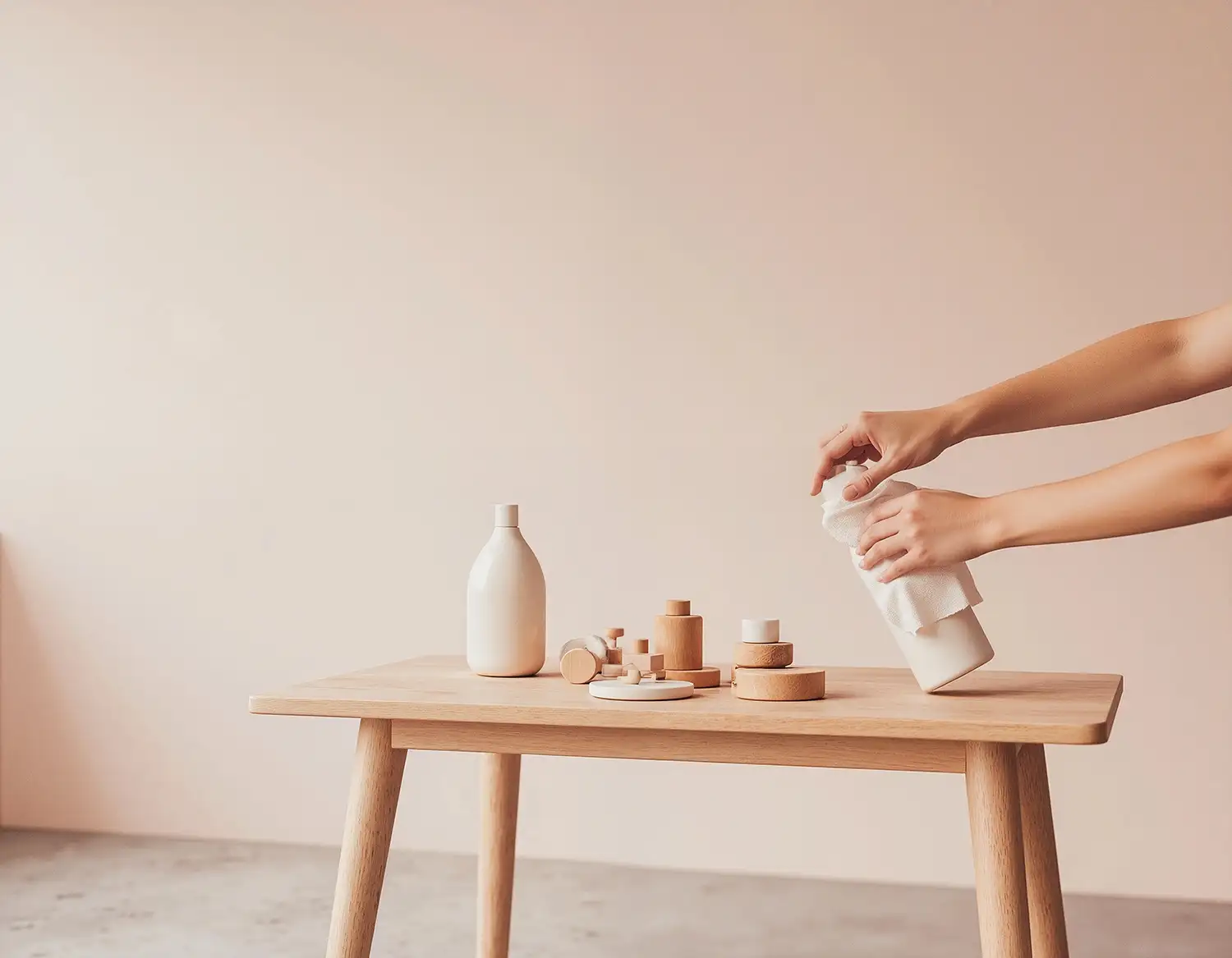 Kinderspielzeug liegt auf Holztisch in hellem Loft w&auml;hrend eine Hand es sorgf&auml;ltig reinigt, hygienisch gereinigtes Kinderspielzeug fuer Kinder