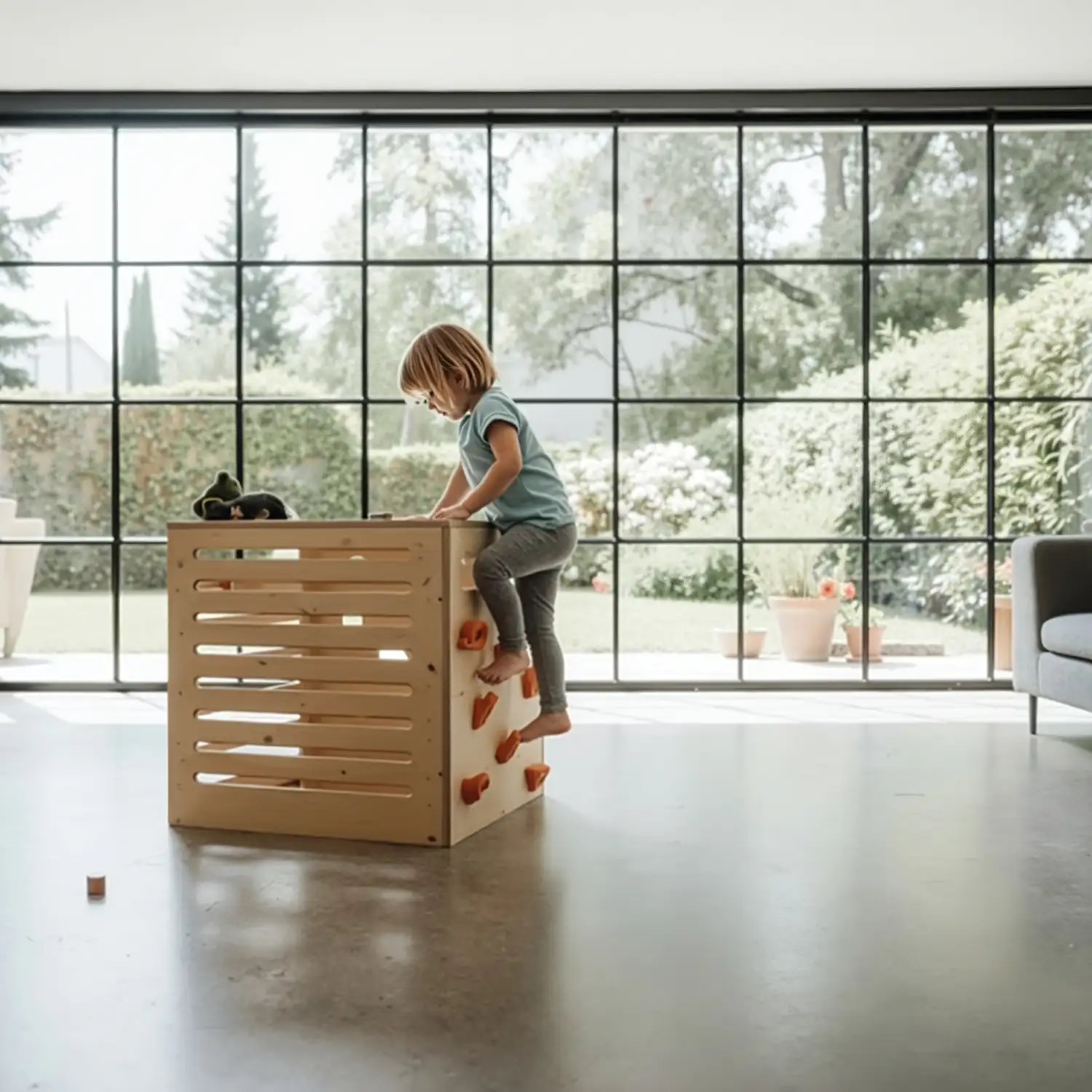 Kind klettert konzentriert an einem Holz-Spielkubus mit Klettergriffen in einem modernen Familienwohnzimmer
