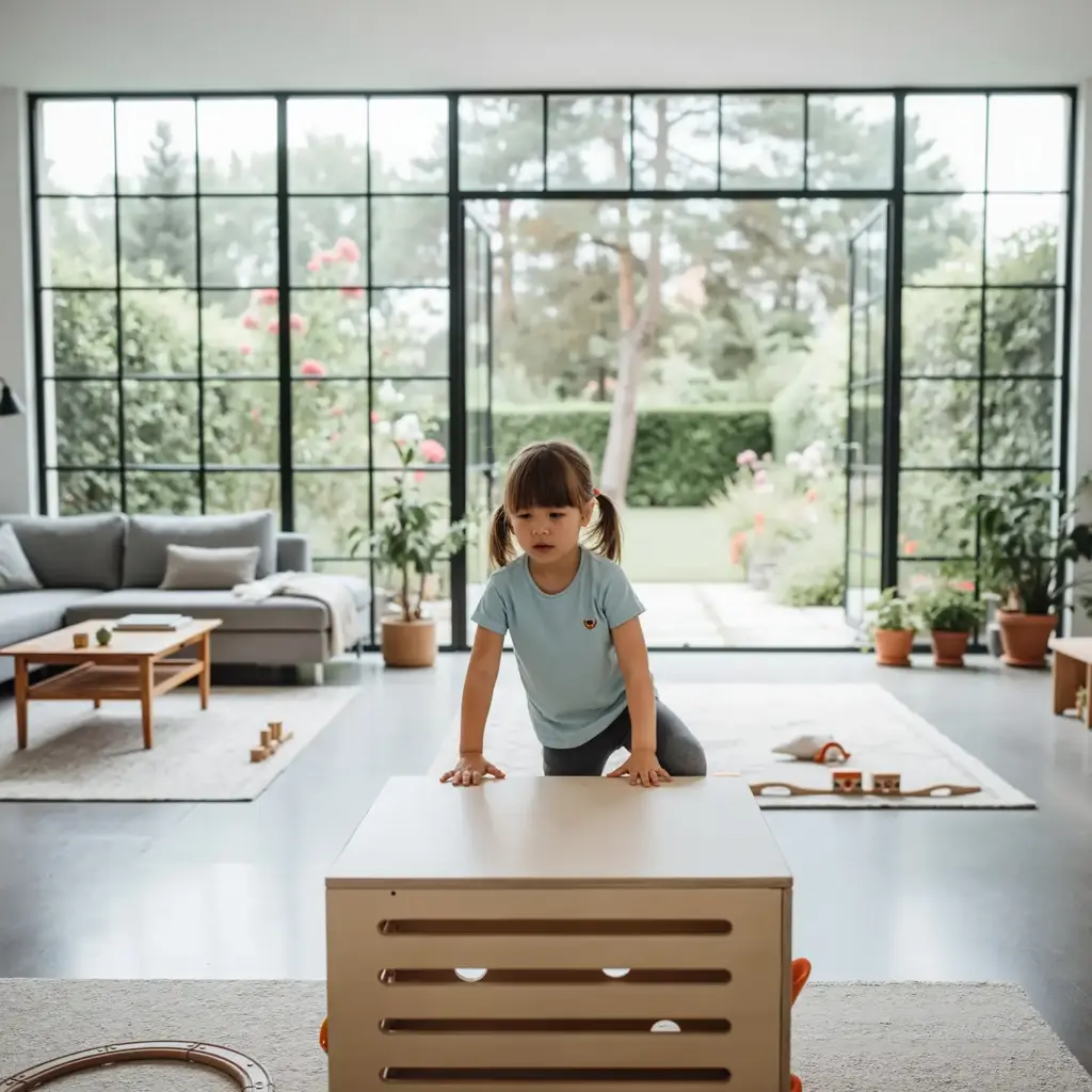 Mädchen spielt im hellen Wohnzimmer mit einem modernen Spielkubus, Symbol dafür wie funktioniert Spielzeug mieten bei LittleLoopa