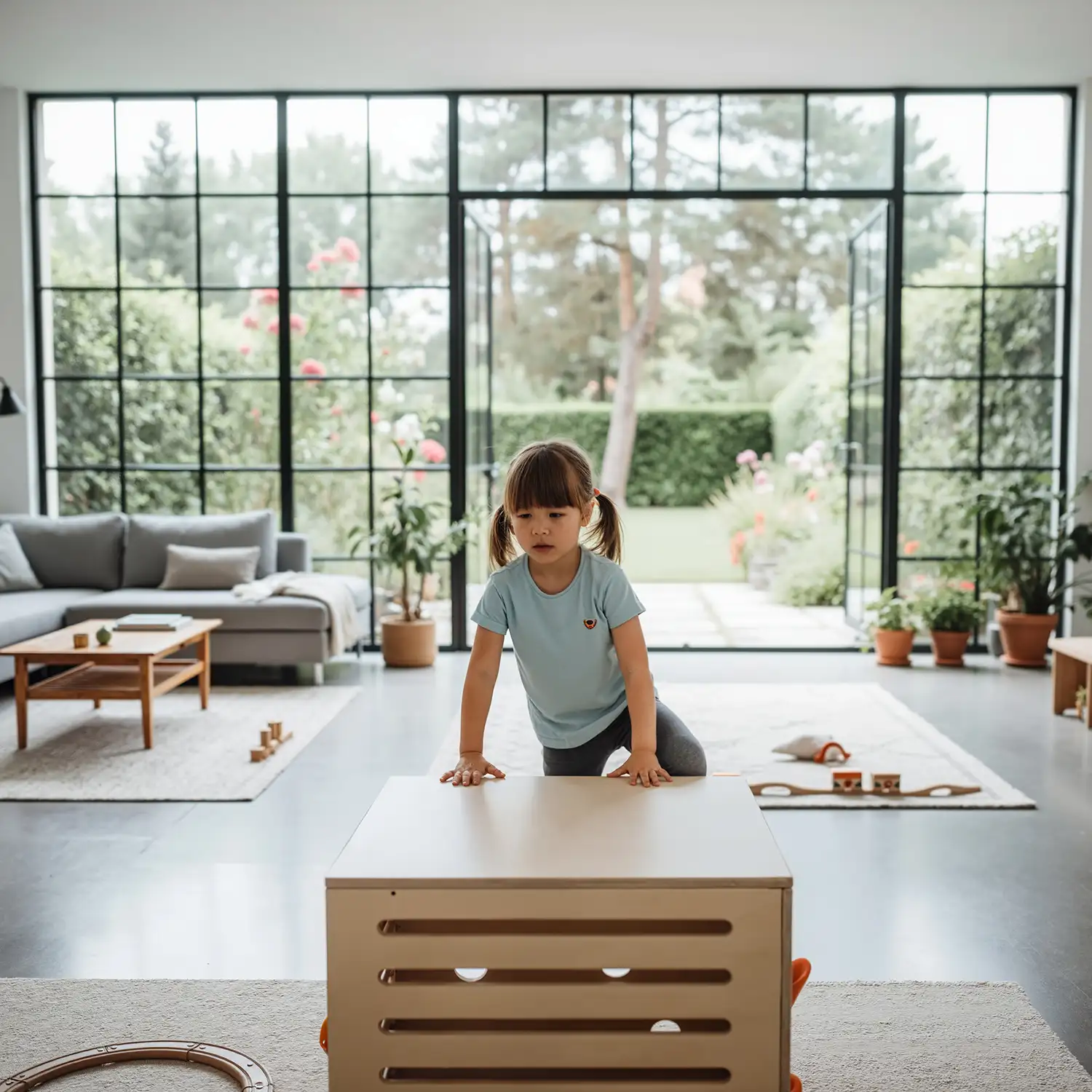 Mädchen spielt im hellen Wohnzimmer mit einem modernen Spielkubus, Symbol dafür wie funktioniert Spielzeug mieten bei LittleLoopa
