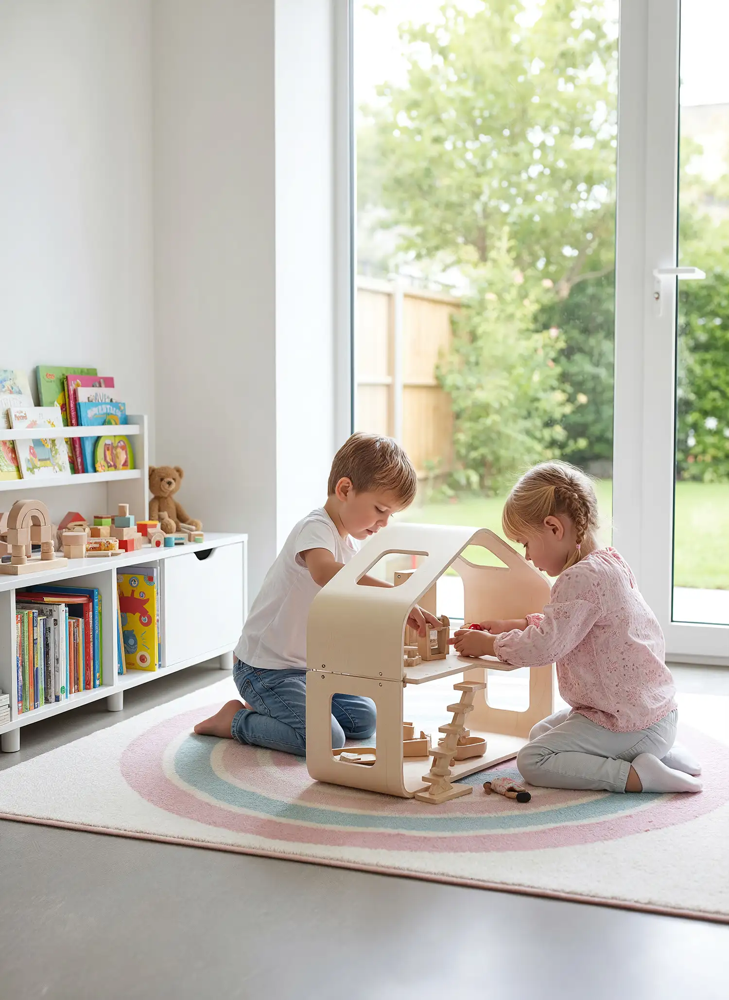 Zwei Kinder knien auf einem Pastellteppich und gestalten gemeinsam eine Holzhaus-Spielwelt vor einem großen Fenster