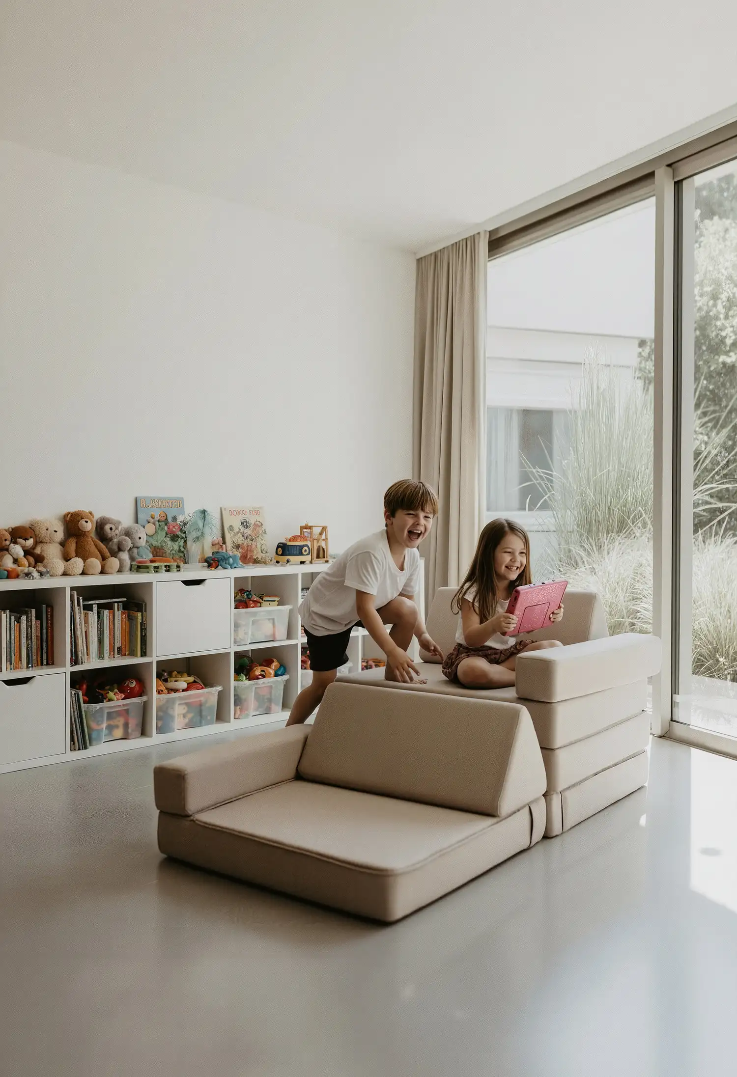 Zwei Kinder sitzen auf einer modularen Spielcouch und beschäftigen sich gemeinsam mit einem Spielgerät im hellen Kinderzimmer