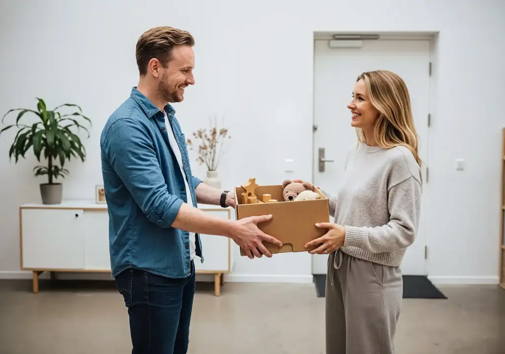Zwei Personen übergeben sich eine Box mit Kinderspielzeug in einem Loft mit Betonboden, nachhaltiges Kinderspielzeug im Nutzungskreislauf