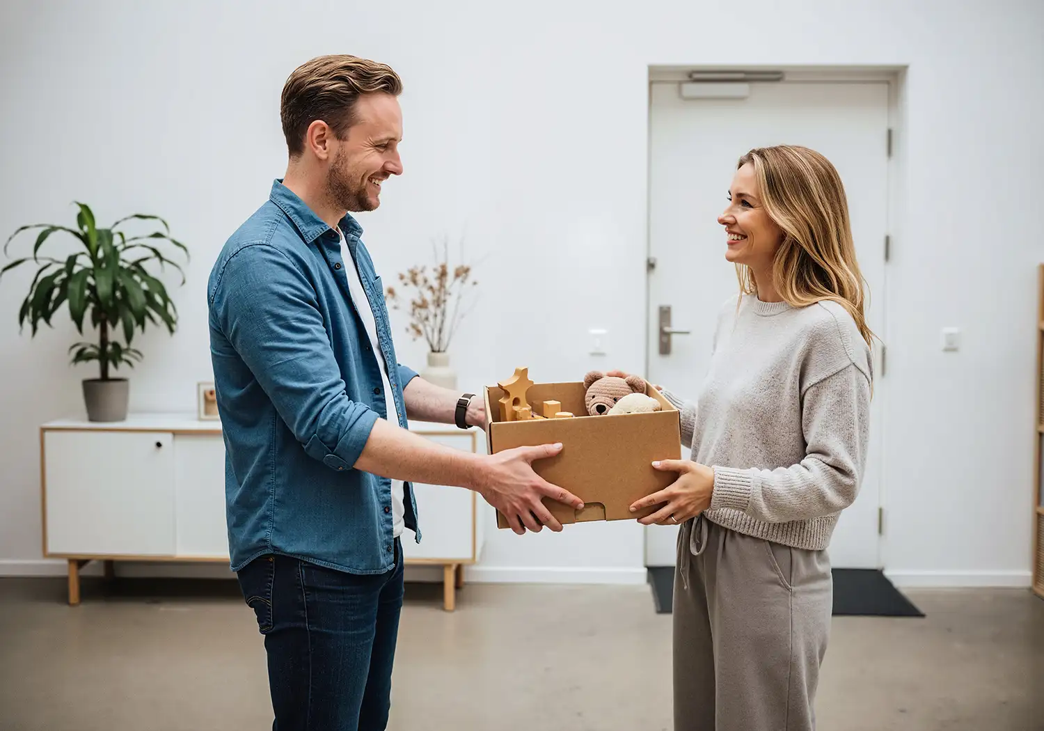 Zwei Personen &uuml;bergeben sich eine Box mit Kinderspielzeug in einem Loft mit Betonboden, nachhaltiges Kinderspielzeug im Nutzungskreislauf