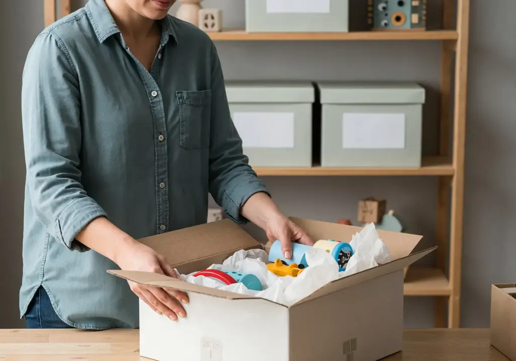 Person packt im hellen Loft eine Spielzeugbox mit Kinderspielzeug, persönlicher Service und sorgfältige Vorbereitung der Bestellungen