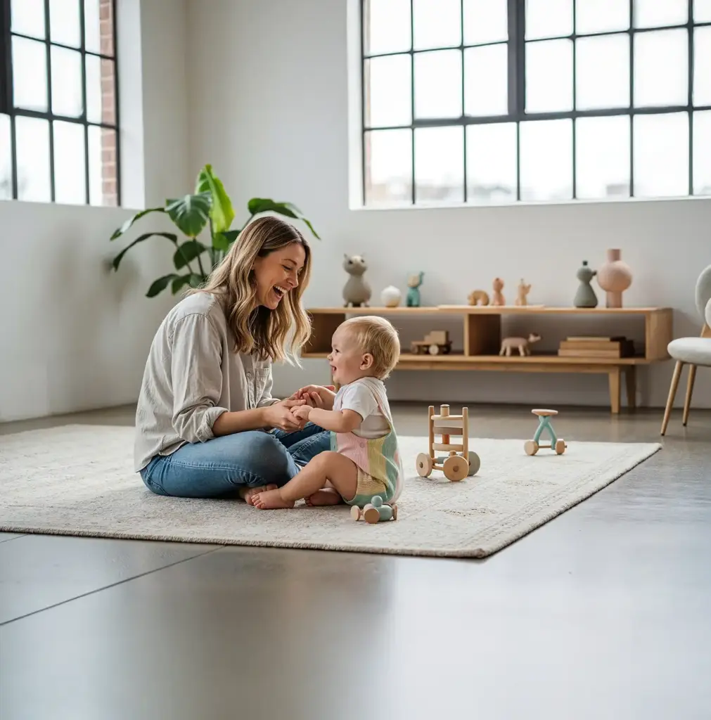 Elternteil spielt mit Kleinkind auf Teppich in hellem Loft mit Betonboden und hochwertigem Kinderspielzeug, Qualitätsversprechen von LittleLoopa