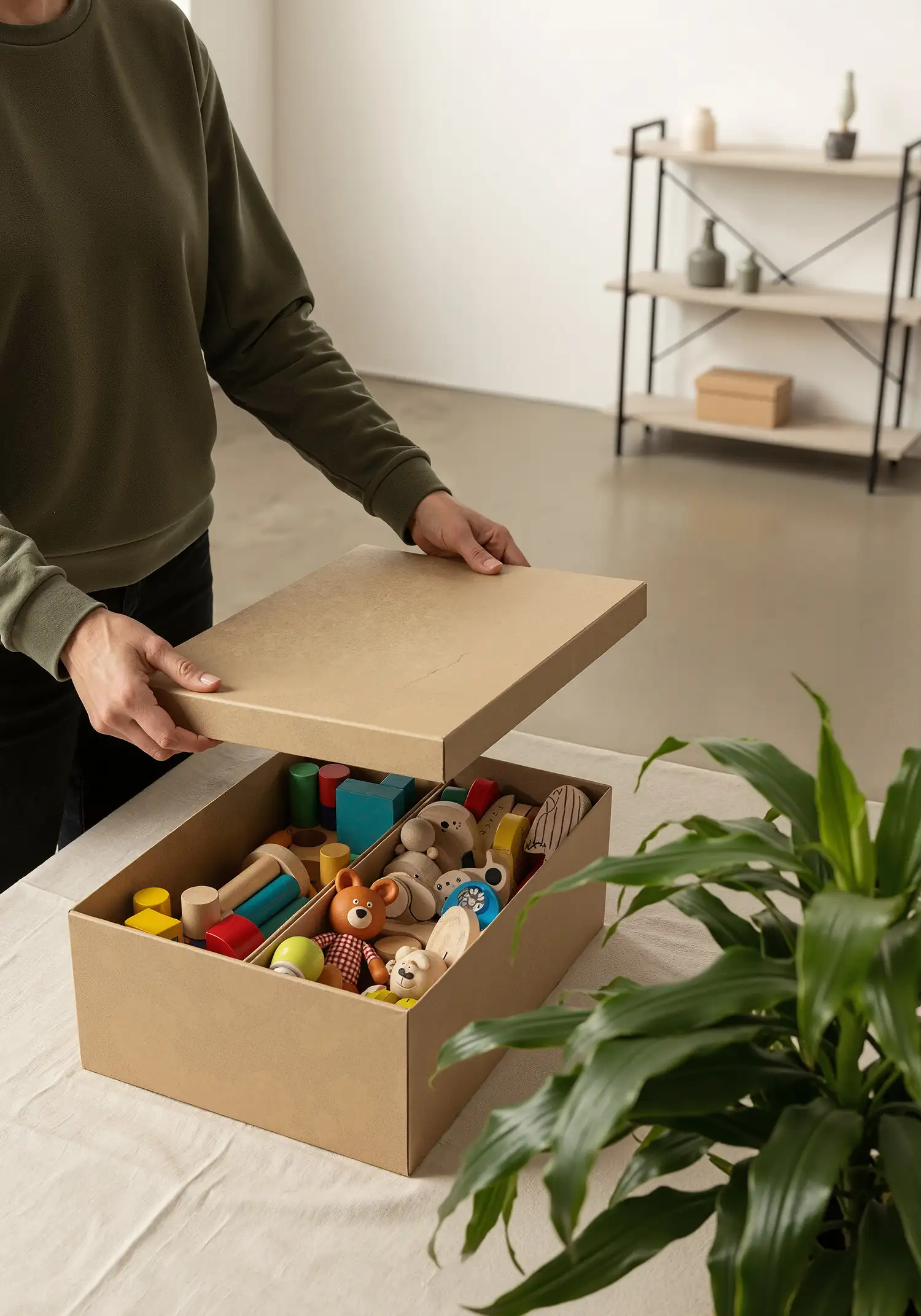 Geöffnete Spielzeugbox mit sauber sortiertem Kinderspielzeug in modernem Loft, nachhaltiger LittleLoopa Spielzeugverleih im Kreislauf