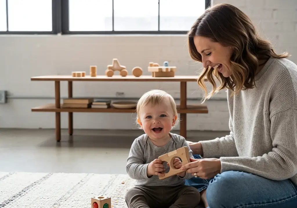 Elternteil spielt mit Kind auf Teppich in hellem Loft, LittleLoopa Spielzeugverleih für gemietetes Kinderspielzeug