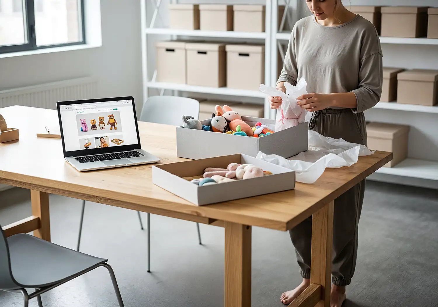 Person packt sorgfältig eine Spielzeugbox auf Holztisch in hellem Loft, Spielzeugverleih online mit persönlichem Service