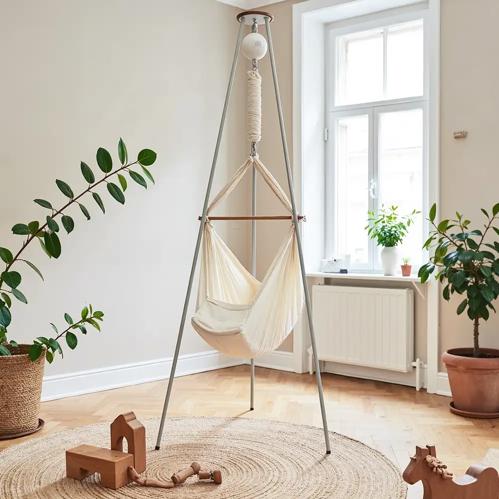 federwiege-mieten-graues-gestell-wohnraum Federwiege mit grauem Gestell im Wohnraum – flexible Alternative zum Federwiege kaufen