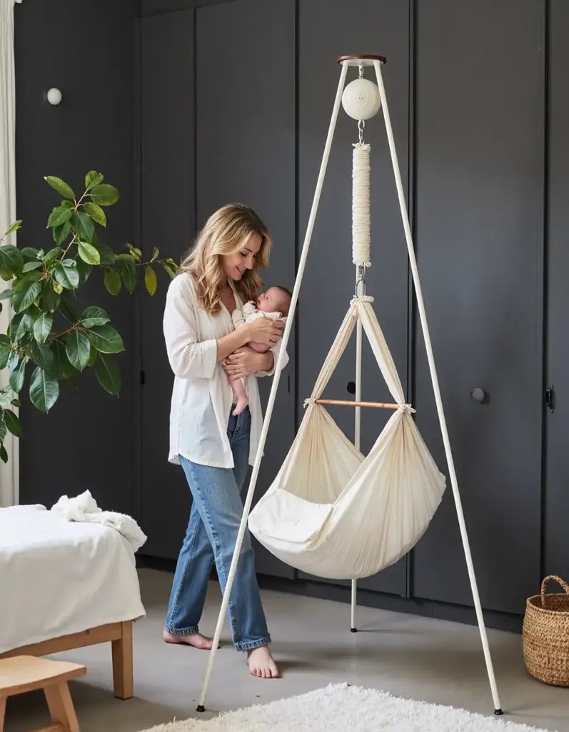 Mutter beruhigt ihr Baby an einer hängenden Federwiege für besseren Babyschlaf