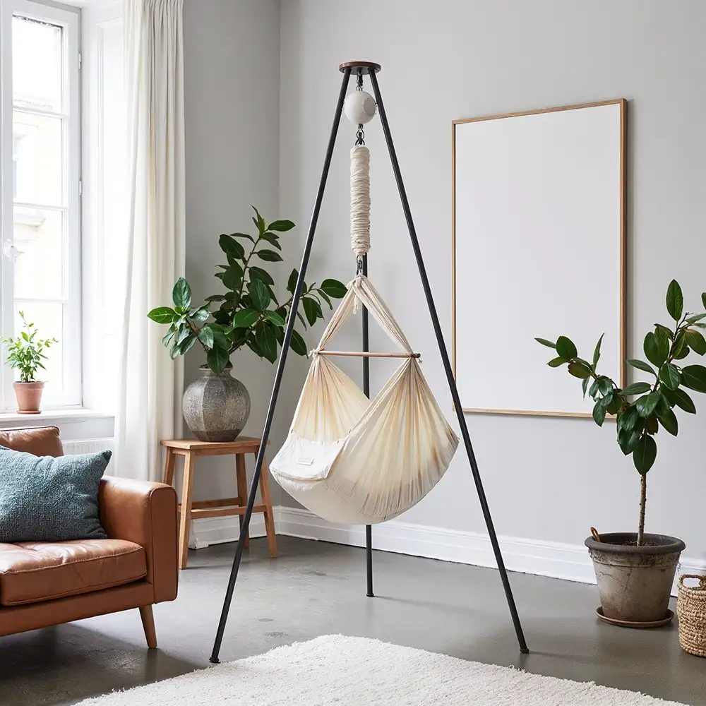 Federwiege mit schwarzem Gestell in modernem Wohnraum – flexible Lösung zum Federwiege mieten