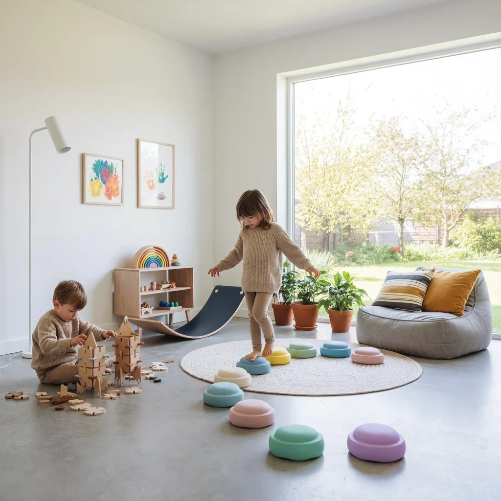 Fröhliche Kinder beim gemeinsamen Spielen mit bunten Stapelsteinen und Bavvic Holzbausteinen zum Mieten bei LittleLoopa