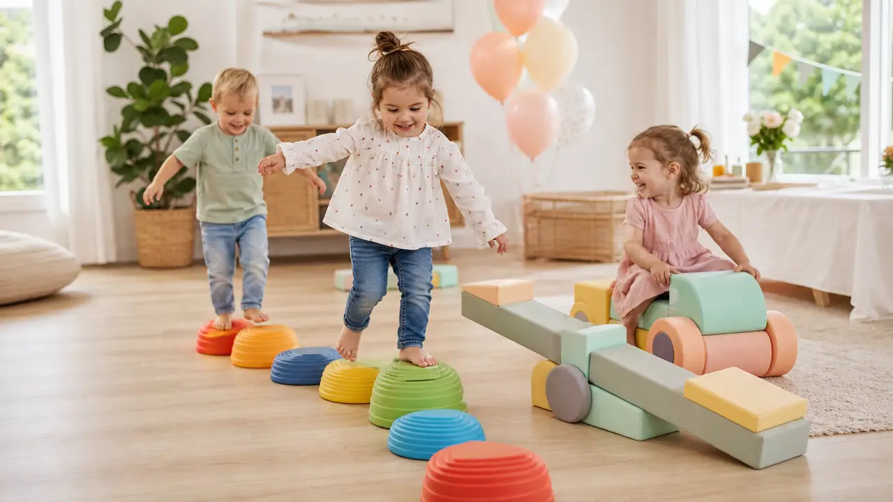 Gemietete Spielgeräte für den Kindergeburtstag: Stapelstein-Parcours und MODU-Bauelemente im Wohnzimmer
