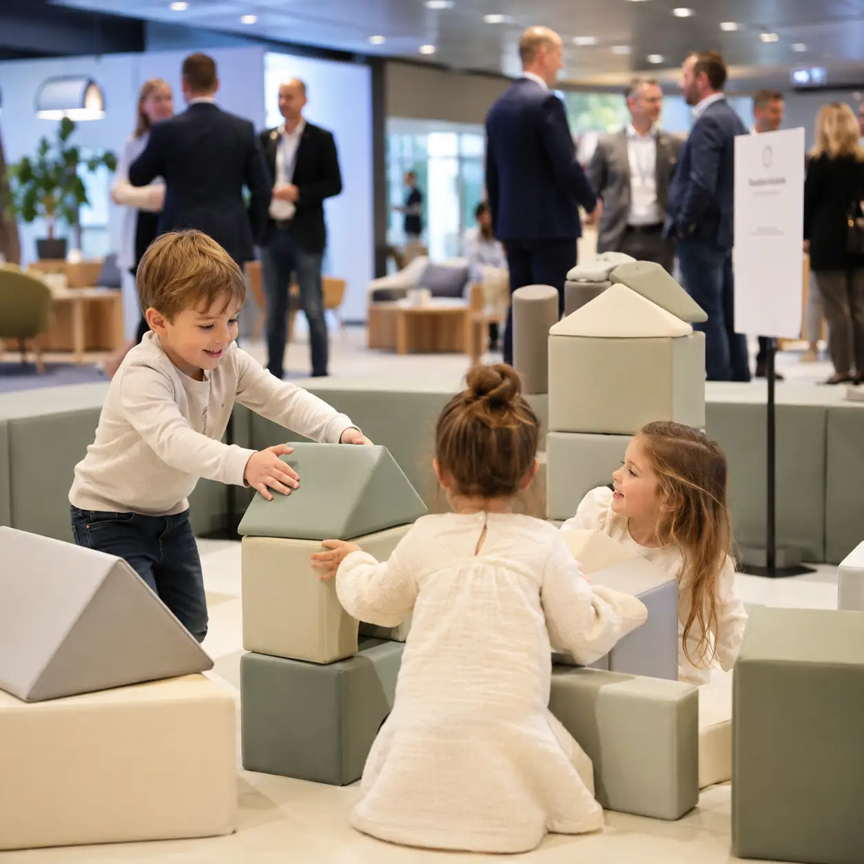 Kinderspielecke auf einer Firmenfeier: Kinder spielen mit XXL-Bausteinen, während die Eltern im Hintergrund in Ruhe sprechen
