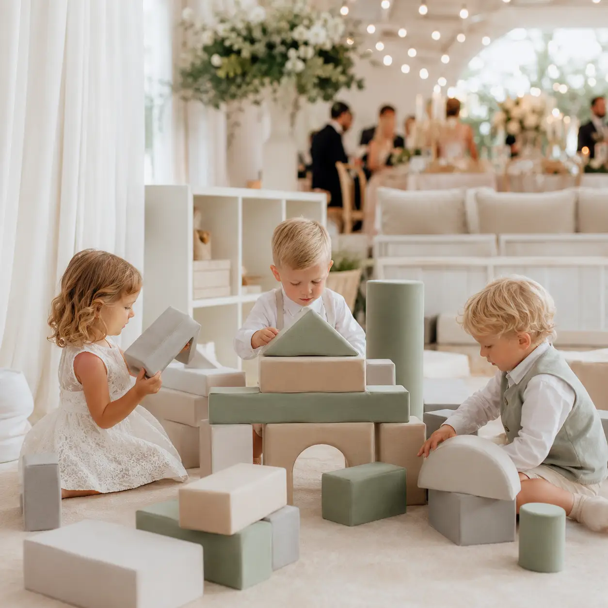 Kinderecke als ruhiger Rückzugsort auf der Hochzeit: Kinder spielen vertieft mit dezenten XXL-Bausteinen, während im Hintergrund gefeiert wird